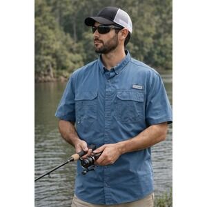 Columbia PFG‎ Blood N Guts Fishing Shirt Mens XXL Blue Short Sleeve Omni-Shield